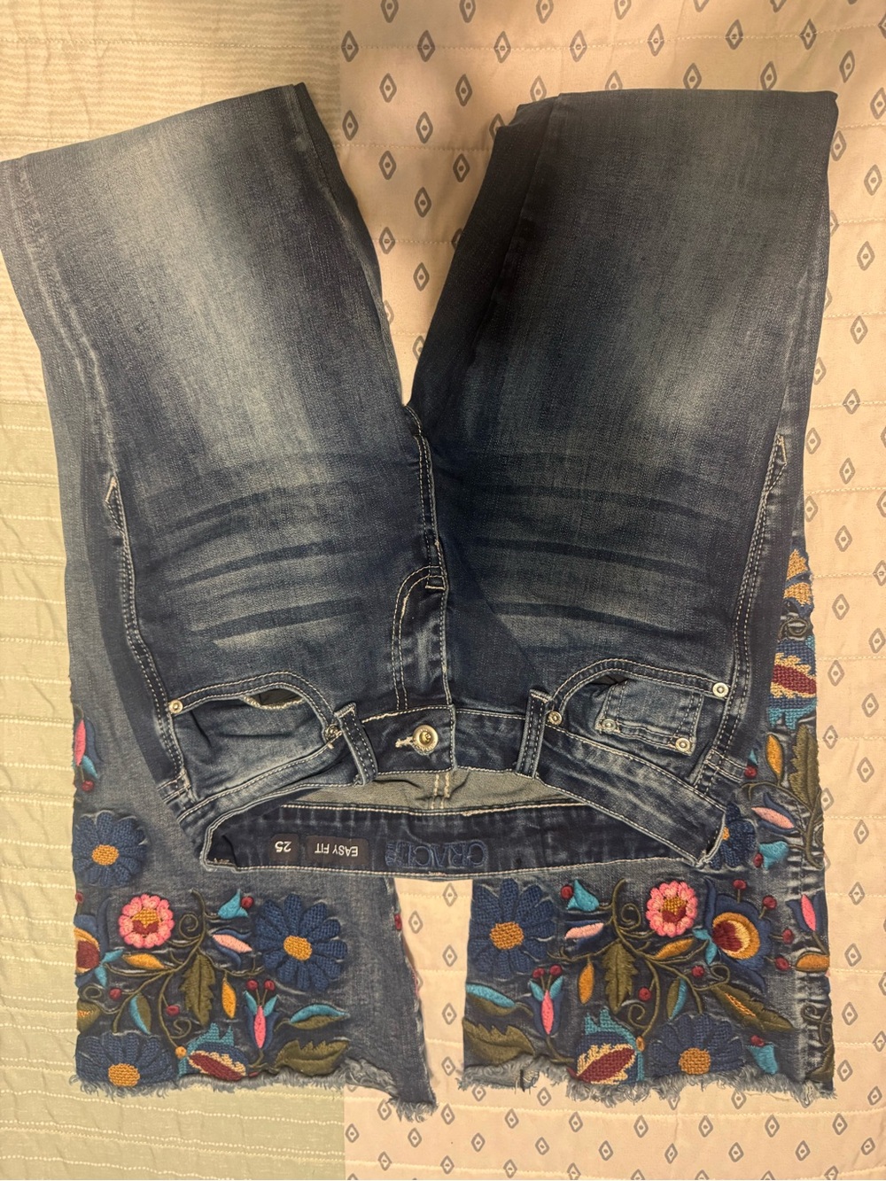 Grace Dark Blue Flare Jeans with Multicolor Embroidered Hem